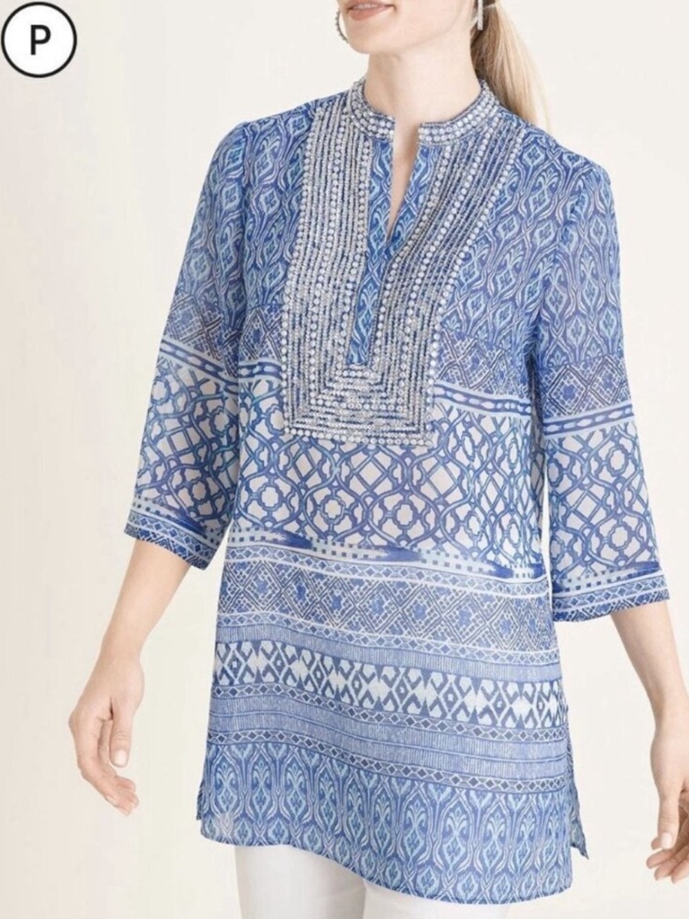 New Chicoโs Mixed Print Embellished Tunic Size 1 or M Shiny Beads Sequins Stones